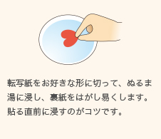 転写紙をお好きな形に切って、ぬるま湯に浸し、裏紙を剥がしやすくします。貼る直前に浸すのがコツです。