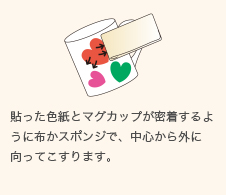 貼った色紙とマグカップが密着するように布かスポンジで、中心から外に向かってこすります。